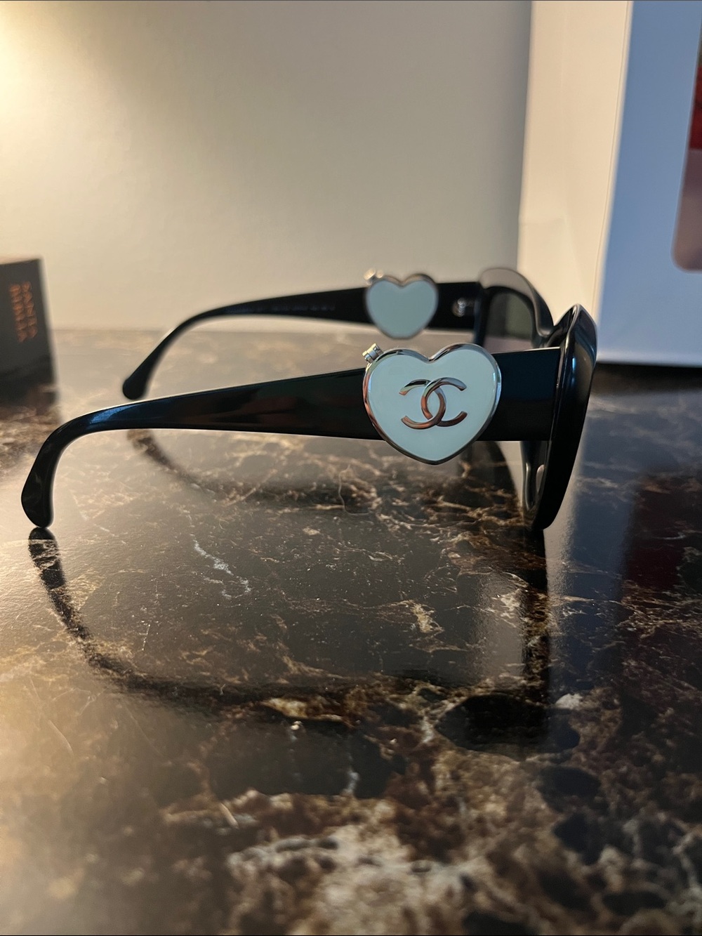 Chanel Black Cat Eye Sunglasses with White CC Heart Side Detail